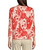 Color:Red - Image 2 - Reverse Jersey Knit Tonal Leaf Print Scoop Neck 3/4 Sleeve Pullover Top