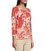 Color:Red - Image 3 - Reverse Jersey Knit Tonal Leaf Print Scoop Neck 3/4 Sleeve Pullover Top