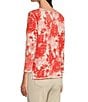 Color:Red - Image 4 - Reverse Jersey Knit Tonal Leaf Print Scoop Neck 3/4 Sleeve Pullover Top