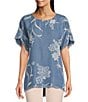 Color:Chambray Floral - Image 1 - Short Sleeve Scoop Neck Lace-Up Back Floral Blouse