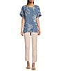 Color:Chambray Floral - Image 3 - Short Sleeve Scoop Neck Lace-Up Back Floral Blouse