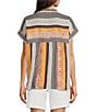 Color:Multi - Image 2 - Stripe Woven Henley V Neck Short Sleeve Top