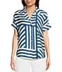 Color:Chambray - Image 1 - Textured Crinkle Abstract Striped Print Collared Short Sleeve Button-Front Camp Shirt
