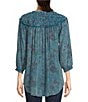 Color:Blue - Image 2 - Tonal Floral Print Challis Woven Round Neck Smocked Cuff Sleeve Tucked Yoke Top