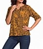 Tru Luxe Jeans Twill Animal Print Split Neck Short Sleeve Top - Image 1