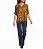 Tru Luxe Jeans Twill Animal Print Split Neck Short Sleeve Top - Image 3