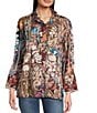 Tru Luxe Jeans Woven All Over Embroider On Floral Print Point Collar Long Sleeve Button Front Shirt, Color:Multi - Image 1
