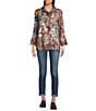 Tru Luxe Jeans Woven All Over Embroider On Floral Print Point Collar Long Sleeve Button Front Shirt, Color:Multi - Image 3
