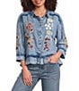 Tru Luxe Jeans Woven Chambray Point Collar 3/4 Sleeve With Embroidery Top - Image 1