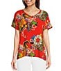Color:Multi - Image 1 - Woven-Knit Mixed Floral Print V-Neck Banded Cap Sleeve Top