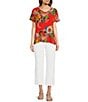 Color:Multi - Image 3 - Woven-Knit Mixed Floral Print V-Neck Banded Cap Sleeve Top