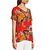 Color:Multi - Image 4 - Woven-Knit Mixed Floral Print V-Neck Banded Cap Sleeve Top