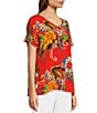 Color:Multi - Image 5 - Woven-Knit Mixed Floral Print V-Neck Banded Cap Sleeve Top