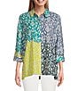 Color:Multi - Image 1 - Woven Placement Print Point Collar 3/4 Roll-Tab Sleeve Hi-Low Hem Button-Front Shirt