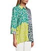 Color:Multi - Image 3 - Woven Placement Print Point Collar 3/4 Roll-Tab Sleeve Hi-Low Hem Button-Front Shirt