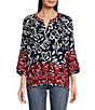 Color:Multi - Image 1 - Woven Print V Neck 3/4 Sleeve Button Front Top