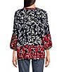 Color:Multi - Image 2 - Woven Print V Neck 3/4 Sleeve Button Front Top