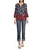 Color:Multi - Image 3 - Woven Print V Neck 3/4 Sleeve Button Front Top