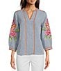 Color:Multi - Image 1 - Y-Neck 3/4 Sleeve Floral Embroidery Linen Blend Chambray Blouse