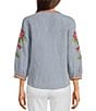 Color:Multi - Image 2 - Y-Neck 3/4 Sleeve Floral Embroidery Linen Blend Chambray Blouse
