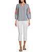 Color:Multi - Image 3 - Y-Neck 3/4 Sleeve Floral Embroidery Linen Blend Chambray Blouse