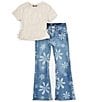 Color:Off-White - Image 1 - Big Girls 7-16 Ruched Knit Top & Floral Jeans 2-Piece Set