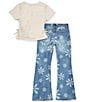 Color:Off-White - Image 2 - Big Girls 7-16 Ruched Knit Top & Floral Jeans 2-Piece Set