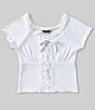 Color:White - Image 1 - Big Girls 7-16 Short Sleeve Faux-Lace-Up Front Top
