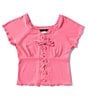 Color:Pink - Image 1 - Big Girls 7-16 Short Sleeve Faux-Lace-Up Front Top