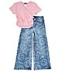 Color:Lilac - Image 1 - Big Girls 7-16 Short Sleeve Wrap Knit Top & Smiley Jeans 2-Piece Set