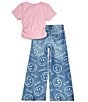 Color:Lilac - Image 2 - Big Girls 7-16 Short Sleeve Wrap Knit Top & Smiley Jeans 2-Piece Set