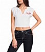 True Religion Crystal Cheetah Ribbed Notch V-Neck Cap Sleeve Tee - Image 1