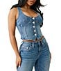 True Religion Stretch Denim Scoop Neck Button Front Corset Top, Color:Royal Indigo - Image 4