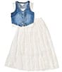 Tween Diva Big Girls Sleeveless Denim Vest, Sleeveless Knit Camisole Top & Long Full Pleated Skirt Three-Piece Set, Color:White - Image 1
