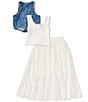 Tween Diva Big Girls Sleeveless Denim Vest, Sleeveless Knit Camisole Top & Long Full Pleated Skirt Three-Piece Set, Color:White - Image 2