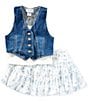 Tween Diva Big Girls Sleeveless Denim Vest, Sleeveless Solid Knit Tank Top & Ditsy-Floral-Printed Voile Skirt Set, Color:Blue - Image 1