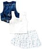 Tween Diva Big Girls Sleeveless Denim Vest, Sleeveless Solid Knit Tank Top & Ditsy-Floral-Printed Voile Skirt Set, Color:Blue - Image 2