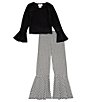 Color:Black - Image 2 - Big Girls 7-16 Bell Sleeve Solid Metallic Top & Checked Houndstooth Flare-Leg Pant Set