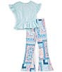Color:Aqua - Image 1 - Big Girls 7-16 Flutter-Sleeve Solid Jersey Knit T-Shirt & Tile-Printed Leggings Set