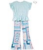 Color:Aqua - Image 3 - Big Girls 7-16 Flutter-Sleeve Solid Jersey Knit T-Shirt & Tile-Printed Leggings Set