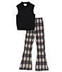 Color:Black - Image 1 - Big Girls 7-16 Knit Sweater Vest and Plaid Pant Set