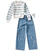 Tween Diva Big Girls Long Sleeve Striped Sweater & Frayed Bow Applique Jeans Set - Image 1