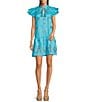 Color:Seaside - Image 1 - Aimee Linen Mandarin Collar Cap Sleeve Embroidered Drop Waist Dress