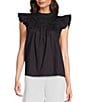 Color:Black - Image 1 - Eloise Woven Round Ruffle Neck Pleated Ruffle Cap Sleeve Top
