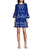 Color:Military Blue - Image 1 - Holly Split Round Neck Bell Sleeve Embroidered Tiered Shift Dress