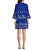 Color:Military Blue - Image 2 - Holly Split Round Neck Bell Sleeve Embroidered Tiered Shift Dress