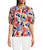 Color:Multi - Image 1 - Renee Woven Puzzle Printed Crew Neck Short Puff Sleeve Pleated Top