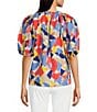 Color:Multi - Image 2 - Renee Woven Puzzle Printed Crew Neck Short Puff Sleeve Pleated Top
