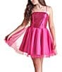 Color:Fuchsia - Image 1 - Big Girls 7-22 Sequin/Mesh Fit-And-Flare Dress