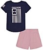 Color:Midnight Navy/Pink/Pink/Midnight Navy - Image 1 - Baby Girls 12-24 Months Short Sleeve Freedom Flag Jersey T-Shirt & Solid Mesh Shorts Set